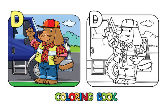 Dog driver ABC coloring book. Alphabet D