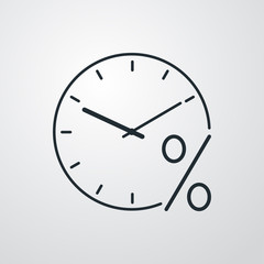 Icono plano lineal reloj con símbolo porcentaje en fondo gris