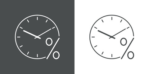 Icono plano lineal reloj con símbolo porcentaje en fondo gris y fondo blanco © teracreonte