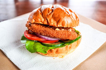 Meaty hamburger in a restaurant