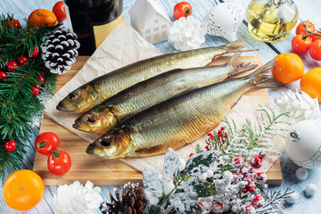 new year Christmas background with fish and seafood and decorations