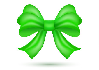 Decorative shiny green bow with ribbon isolated on a white background. Decoration of holiday gifts and backgrounds. Vector illustration for your design.