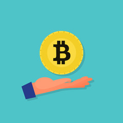 Bitcoin floating over caucasian human hand palm. Blue background. Flat style stock vector