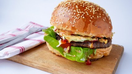 Meaty hamburger in a restaurant