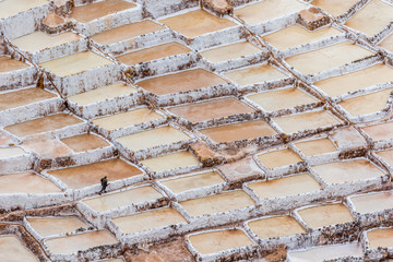 Landscape of the salt terraces of Maras ( Salineras de Maras) in the Andes mountain range in the region of Cusco, Peru, Sacred Valley. One of the main tourist attractions in Cusco Region.