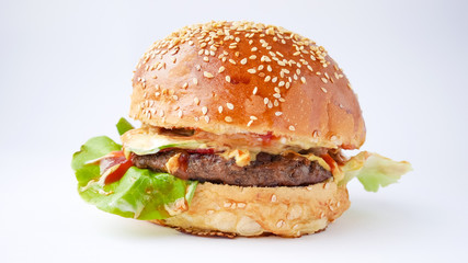 Meaty hamburger in a restaurant