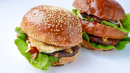 Meaty hamburger in a restaurant