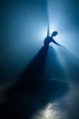 Solo performance by ballerina in tutu against backdrop of luminous spotlight 