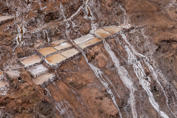 Landscape of the salt terraces of Maras ( Salineras de Maras) in the Andes mountain range in the region of Cusco, Peru, Sacred Valley. One of the main tourist attractions in Cusco Region.