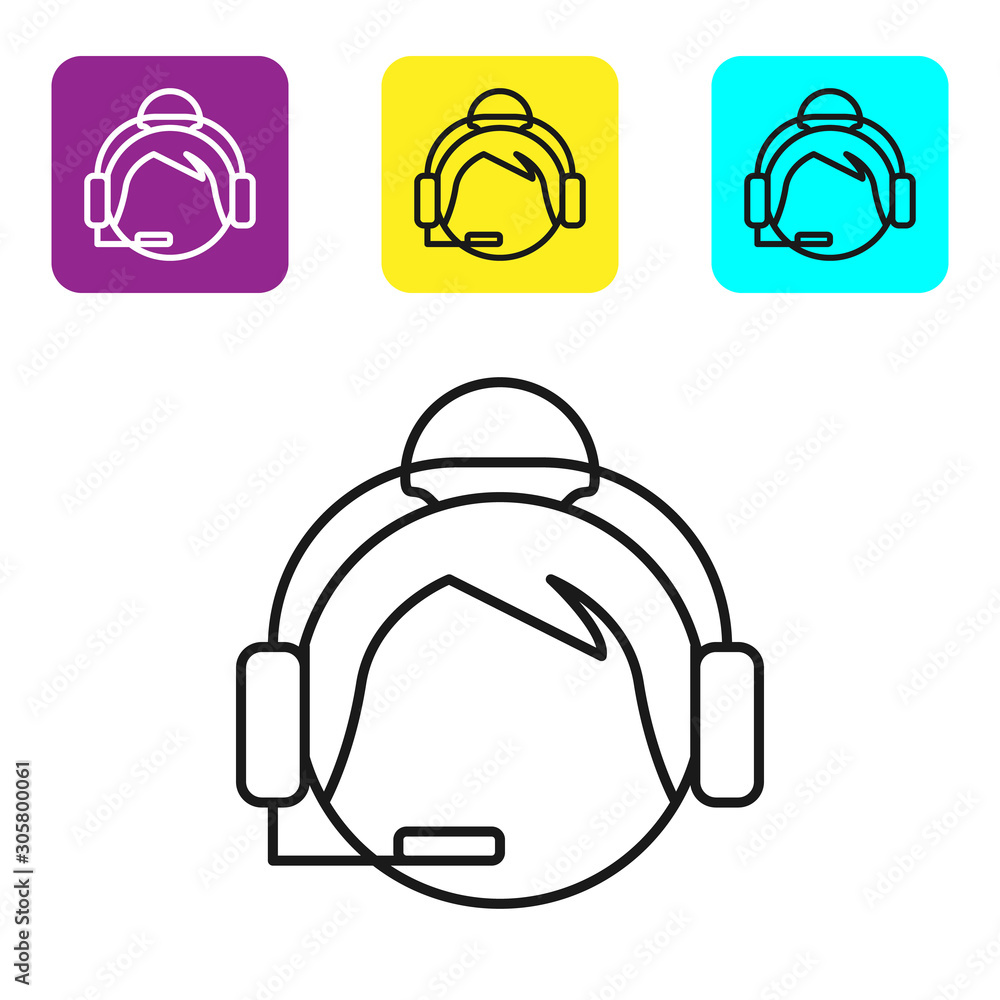 Poster black line woman with a headset icon isolated on white background. support operator in touch. concep