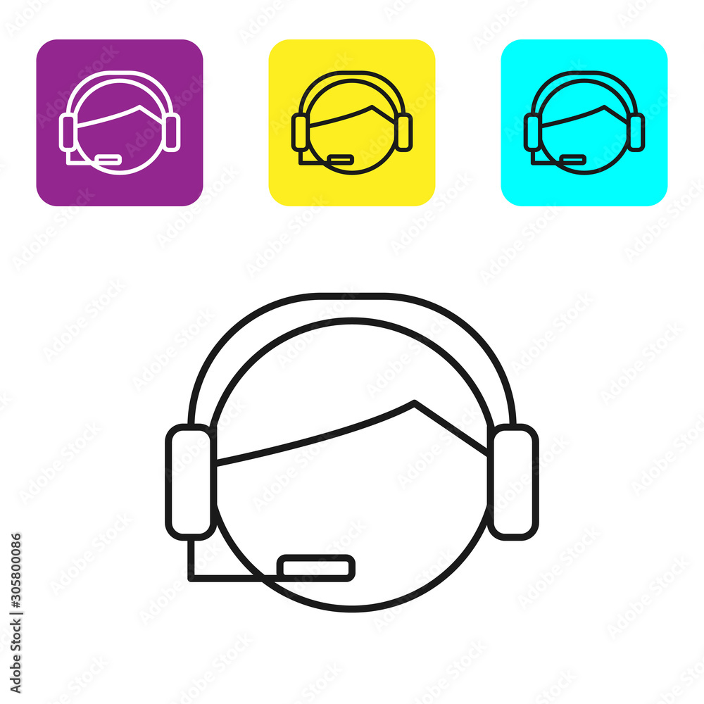 Poster black line man with a headset icon isolated on white background. support operator in touch. concept 