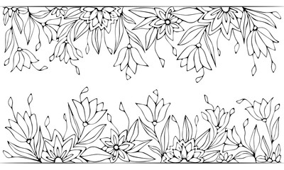Line drawing floral horizontal border on white isolated background. Decorative flowers and leaves. Good for coloring book pages.