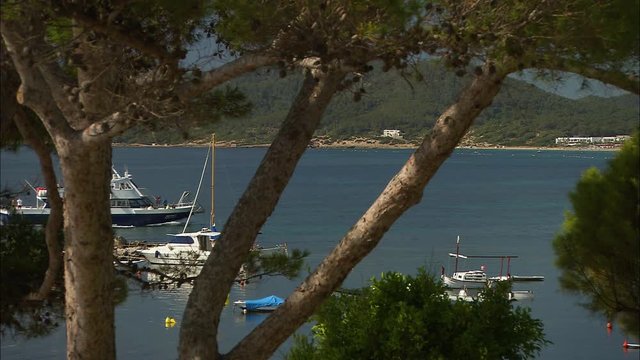 Medium low-angle still shot of a sailing passenger boat and docked motorboats through an Island resort tree branches, Ibiza Balearic Island , Spain