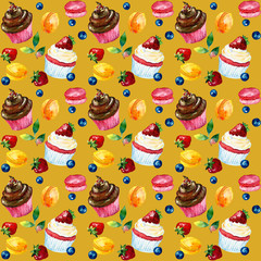 Seamless watercolor pattern with sweets, berries and leafs.