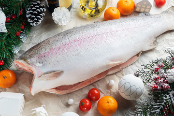 new year Christmas background with fish and seafood and decorations