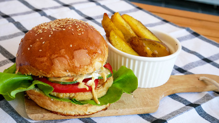 Meaty hamburger in a restaurant