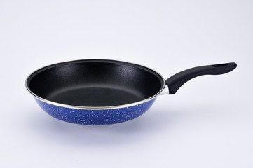 Blue pan with black handle on white background