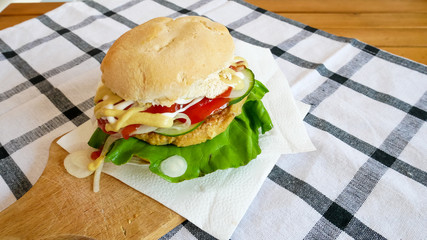 Meaty hamburger in a restaurant
