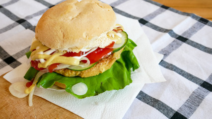 Meaty hamburger in a restaurant