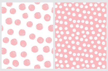 Simple Seamless Vector Pattern with Hand Drawn Irregular Dots. Pink Brush Dots Isolated on a White Background. White Polka Dots on a Light Pink Background. Infantile Style Abstract Dotted Print.