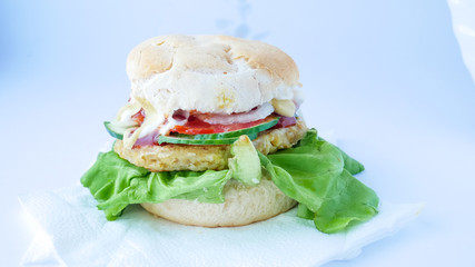 Meaty hamburger in a restaurant
