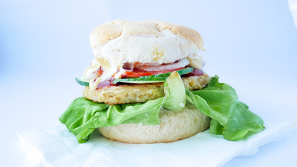 Meaty hamburger in a restaurant