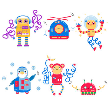 Color image of cute cartoon robots. Vector set for kids.