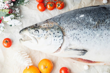 new year Christmas background with fish and seafood and decorations