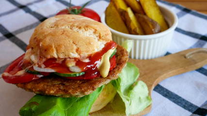 Meaty hamburger in a restaurant