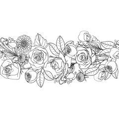 Hand drawn doodle style rustic bouquet seamless brush. Endless floral border. Boho wedding decoration. Isolated on white background. Stock vector illustration