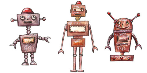 Watercolor hand drawn cute robots set. Cartoon nice illustration