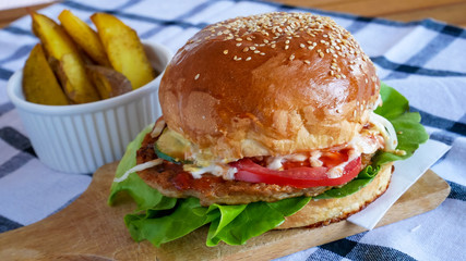 Meaty hamburger in a restaurant
