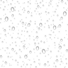Vector realistic water drops condensed on white background. Macro aqua bubbles isolated on glass. Rain droplets without shadows for transparent surface.