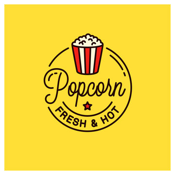 Popcorn logo. Round linear logo of popcorn bucket