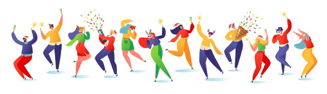 Colorful vector illustration with young happy dancing people. People celebrate New Year or Christmas with champagne, sparklers and petards, they festively dressed, Santa Claus hats and carnival masks.