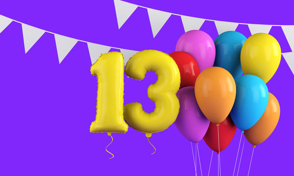 Happy 13th birthday colorful party balloons and bunting. 3D Render