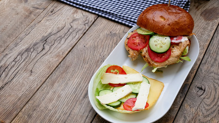Meaty hamburger in a restaurant