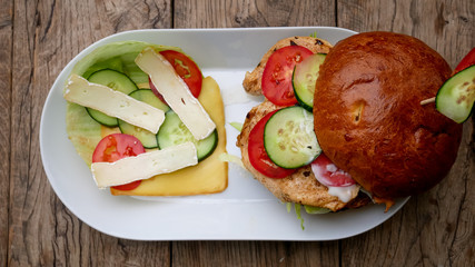 Meaty hamburger in a restaurant