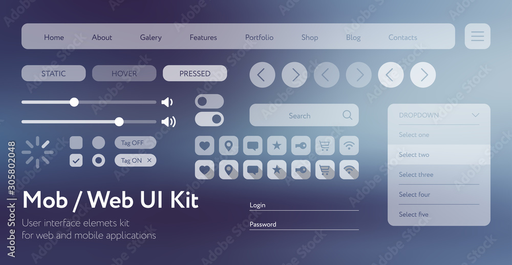 Fototapete basic user interface template with responsive design, tools and buttons. vector ui ux kit for mobile