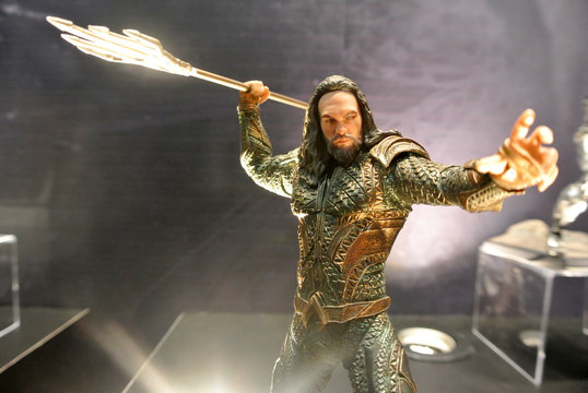 KUALA LUMPUR, MALAYSIA -MARCH 31, 2018: Fiction character of AQUAMAN from DC movies and comic. AQUAMAN action figure toys in display for the public by collector and fan.