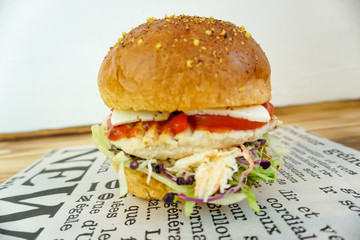 Meaty hamburger in a restaurant