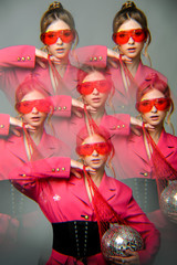 Young woman with bright glasses, colorfull makeup in kaleidoscope. Conceptual color photography....