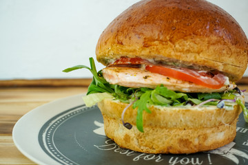 Meaty hamburger in a restaurant