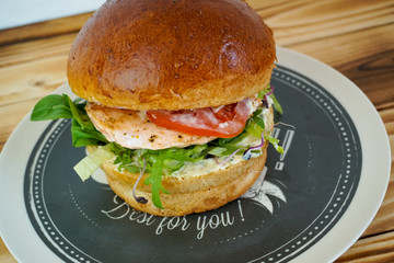 Meaty hamburger in a restaurant