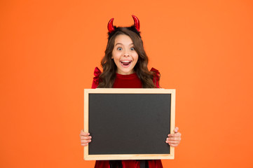 What a night. autumn holiday sales. copy space. small girl school blackboard. little imp red horns....
