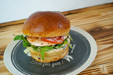 Meaty hamburger in a restaurant