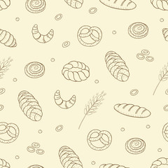Hand drawn vector seamless pattern with different kind of bread
