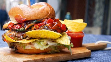 Meaty hamburger in a restaurant