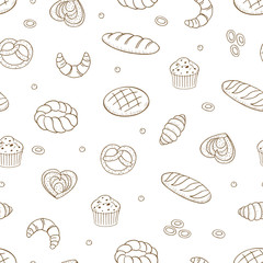 Hand drawn vector seamless pattern with different kind of bread