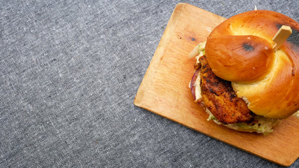 Meaty hamburger in a restaurant